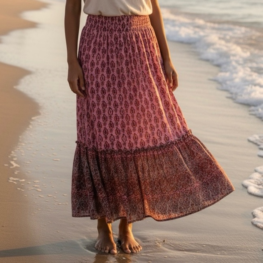 Gold Hawk 100% Silk Maxi Skirt Pink Paisley Size M Prairie Luxury Cottagecore - Picture 2 of 9
